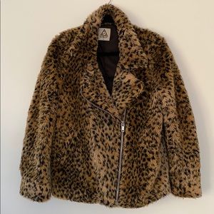 UNIF Furry Leopard Print Moto Jacket